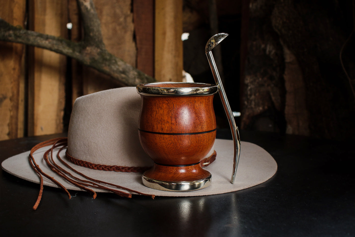 Carob and Nickel Silver Mate with metal straw