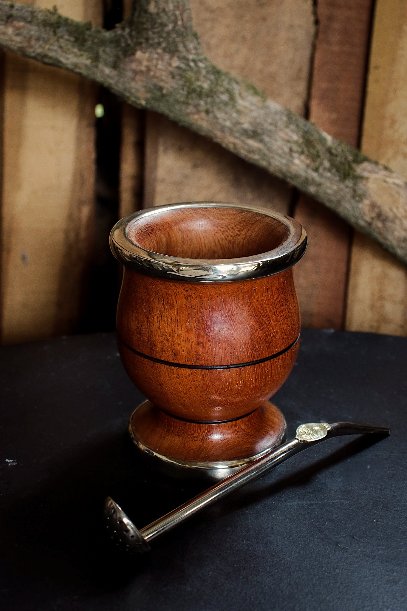 Carob and Nickel Silver Mate with metal straw