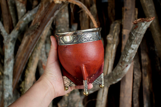 Mate de Cuero, Bronce y Alpaca con Bombillón