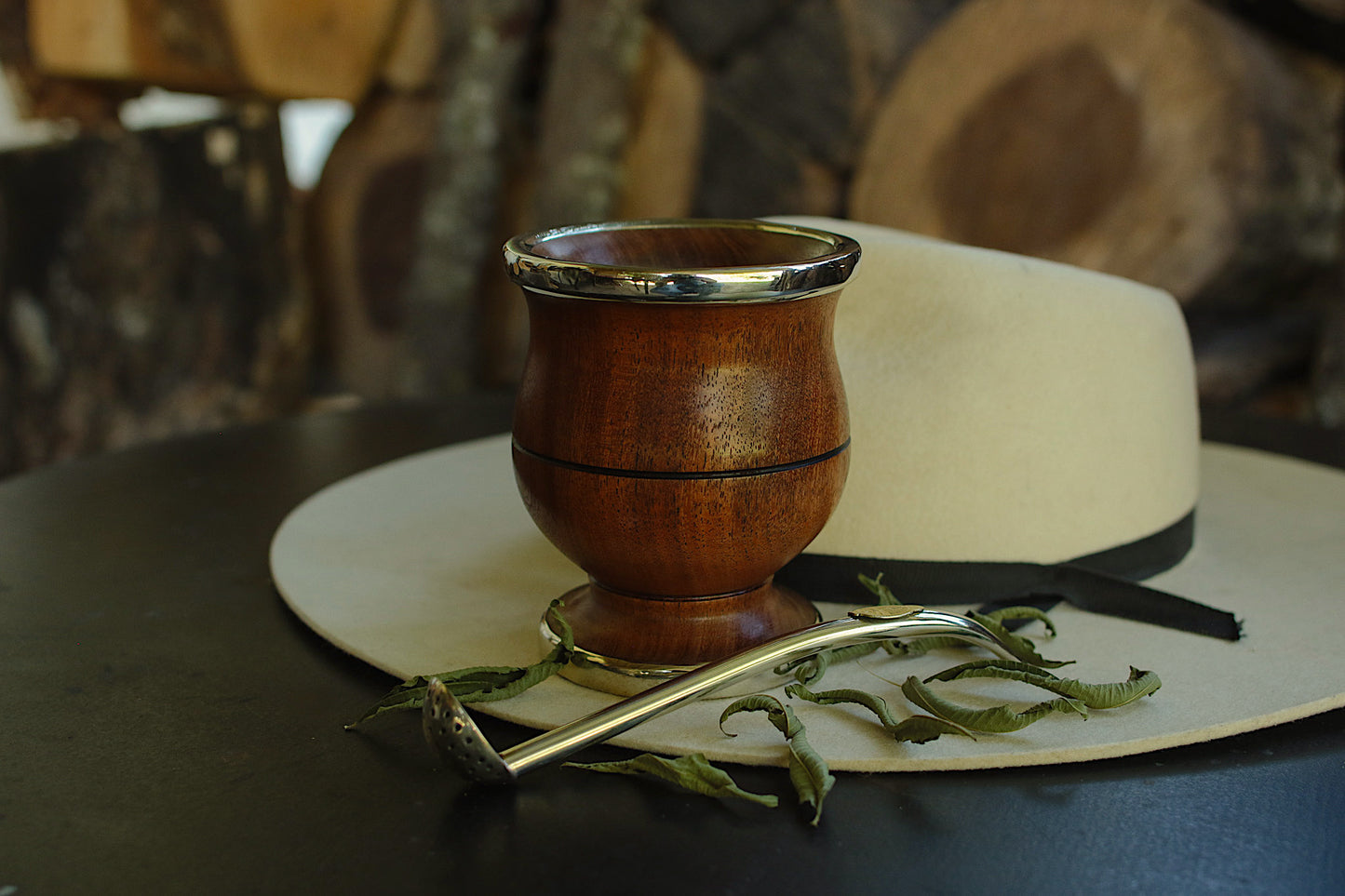 Carob and Nickel Silver Mate with metal straw
