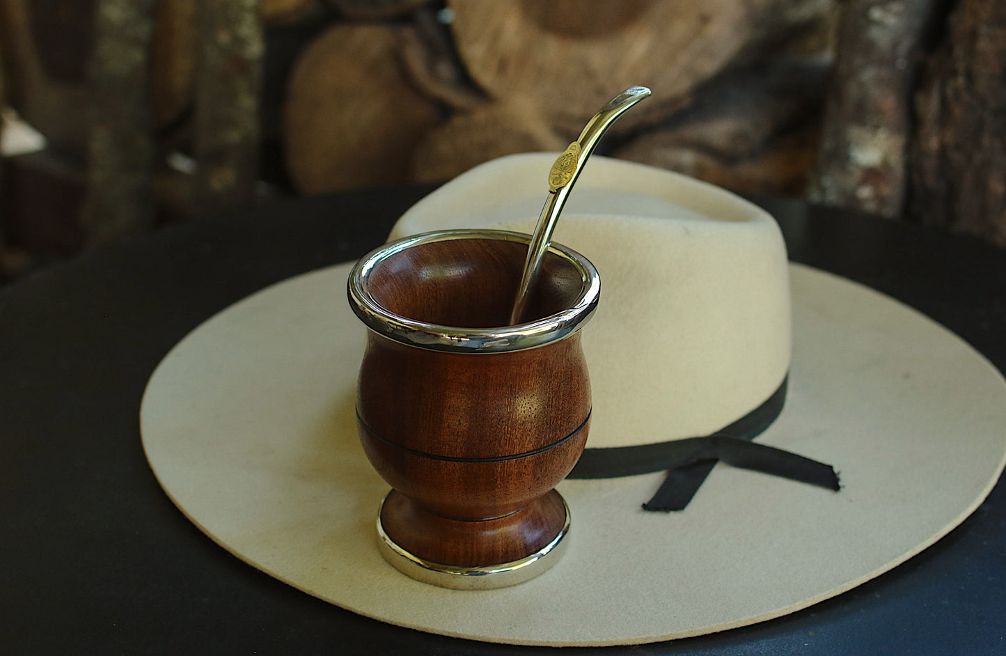 Carob and Nickel Silver Mate with metal straw