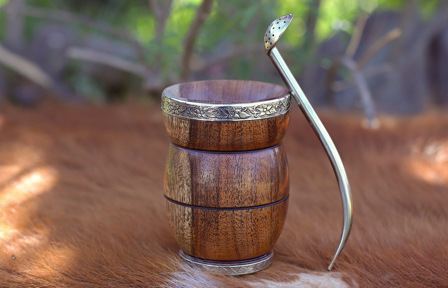 Carob and Nickel Silver Mate with metal straw