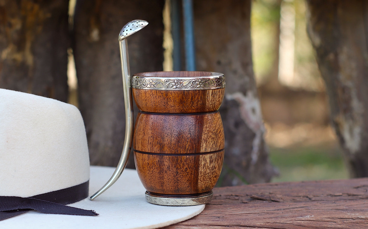 Carob and Nickel Silver Mate with metal straw