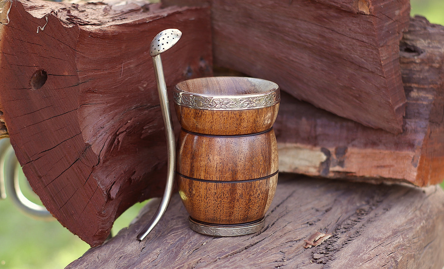 Carob and Nickel Silver Mate with metal straw